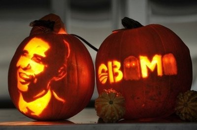 Two Halloween pumpkins carved with the image of Democratic presidential candidate Illinois Senator Barack Obama. [Agencies]