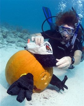 In this photo released by the Florida Keys News Bureau, Dawn Lambeth of Fort Myers, Fla., puts finishing touches on her winning jack-o-lantern during the Underwater Pumpkin Carving Contest held Sunday, October 26, 2008, in the Florida Keys National Marine Sanctuary off Key Largo, Fla. Staged by the Amoray Dive Resort, contestants worked in teams of two and competed for dive-related retail merchandise prizes. [Agencies]