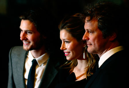 Actors (L-R) Ben Barnes, Jessica Biel and Colin Firth arrive for the premiere of 'Easy Virtue' in Leicester Square, London October 28, 2008.