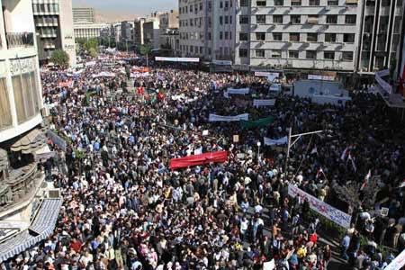 Syrians take part in a demonstration against the U.S., held in Damascus Oct. 30, 2008. [Xinhua/Reuters]