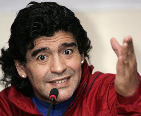 Former Argentine soccer star Diego Maradona attends a news conference in Tbilisi in this October 23, 2008 file photo. Maradona is to be the new coach of the Argentine national side, television and media reports said October 28, 2008. The news came as Maradona, who has had only two brief stints as a coach, was meeting Argentina Football Association (AFA) president Julio Grondona in Buenos Aires.