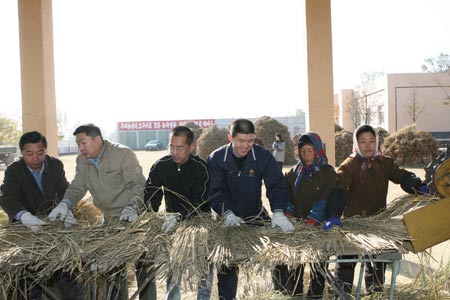Diplomats from the Chinese embassy visited a cooperative farm in Pyongyang on Thursday and offered the farmers a helping hand in harvesting.