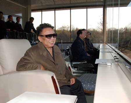 The photo released Nov. 2, 2008 by KCNA, official News Agency of the Democratic People&apos;s Republic of Korea (DPRK), shows Kim Jong Il, top leader of DPRK, watching a football match between two military teams. The football match, held between the Mangyongbong and Jebi teams of the DPRK army, was a closing game of the 11th People&apos;s Sports Contest, which was held from Oct. 17 to 31. [Xinhua]