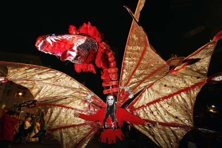 A reveler marches in the annual Greenwich Village Halloween Parade in New York, October 31, 2008. 