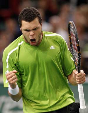 Jo-Wilfried Tsonga of France reacts during the final of the Paris Masters Series tennis tournament against David Nalbandian of Argentina Nov. 2, 2008. 