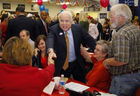 U.S. Republican presidential nominee Senator John McCain (R-AZ) shakes hands with volunteers at a call center in Albuquerque, New Mexico November 4, 2008, the day of the U.S. presidential election. 