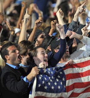 Supporters of Democratic presidential candidate Barack Obama cheer as they arrive at Grant Park on election day in Chicago, where later on election night Obama is to address a rally of more than one million people. [Xinhua/AFP]
