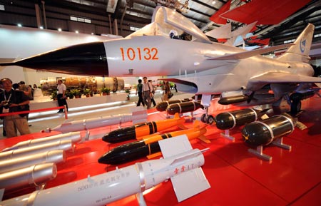 A model of the Jian-10 (Fighter-10), China&apos;s homemade fighter aircraft, is seen at the exhibition hall during the 7th China International Aviation and Aerospace Exhibition in Zhuhai, south China&apos;s Guangdong Province, Nov. 4, 2008. Jian-10 is shown on the exhibition which is held from Nov. 4 to Nov. 9.(Xinhua/Zhou Wenjie)