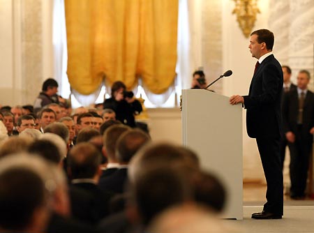 Russian President Dmitry Medvedev (R) delivers his first State of the Nation address to the Federal Assembly Kremlin in Moscow, capital of Russia, Nov. 5, 2008.