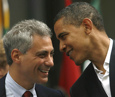 Democratic presidential nominee Senator Barack Obama (R) speaks with Representative Rahm Emanuel during a Chicago 2016 Olympics rally in Chicago in this June 6, 2008 file photo. Emanuel, a member of the Democratic leadership in the House of Representatives, has been offered the job to head President-elect Barack Obama's staff, party sources said. [Xinhua/Reuter file photo]