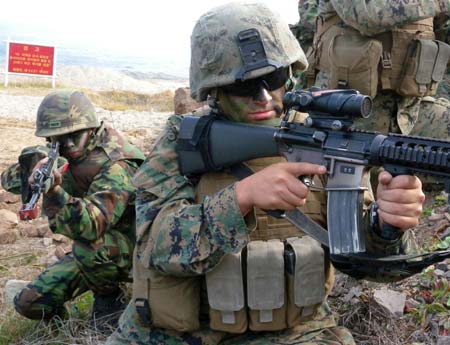 Soldiers participate in a joint landing exercise of the U.S. and South Korean forces in the southeastern port of Pohang, Republic of Korea on Nov. 6, 2008.