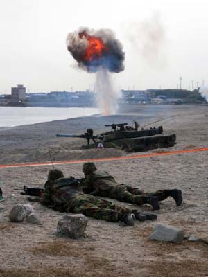 Soldiers participate in a joint landing exercise of the U.S. and South Korean forces in the southeastern port of Pohang, Republic of Korea on Nov. 6, 2008. [Xinhua]