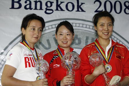 China's Wu Liuxi (C), Russian Lioubov Galkina (L) and China's Du Li pose during the awarding ceremony of the women's 10m air rifle event at the 2008 Shooting World Cup Final held in Bangkok, Thailand, Nov. 5, 2008. Wu Liuxi shot 502.1 points to claim the title of the event.