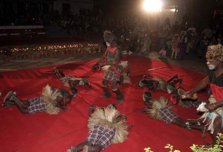 Malawian indigenous folk artists perform traditional dance 'Matandani' during the International Folk Music Festival in Kathmandu, capital of Nepal, on Nov. 7, 2008. [Xinhua] 