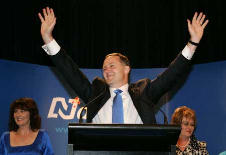 New Zealand&apos;s National Party leader John Key and Prime Minister-elect celebrates with his wife Bronagh (L) after winning the general election in Auckland November 8, 2008.