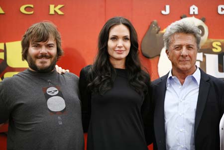 (L-R) Cast members Jack Black, Angelina Jolie and Dustin Hoffman pose during the DVD release of 