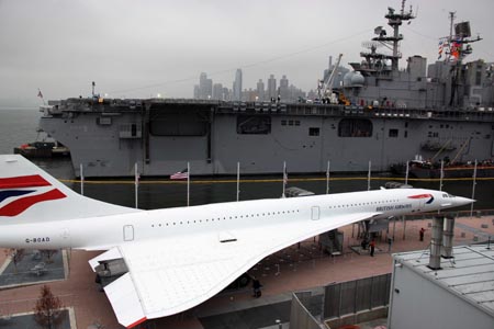 British Airways Concorde is presented at the newly renovated Intrepid Sea, Air and Space Museum at Pier 86 of Manhattan in New York, the United States, Nov. 8, 2008. The decommissioned USS aircraft carrier Intrepid reopened to the public after a two-year overhaul on Saturday. Opened in 1982, the Museum has received more than 10 million visitors.[Hou Jun/Xinhua]