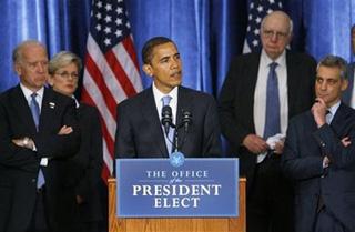 President-elect Obama makes an opening statement on the economy during a press conference in Chicago, Friday, Nov. 7, 2008. Standing behind Obama are (L-R) Vice President-elect Biden, Michigan Governor Jennifer Granholm, Former FED Chairman Paul Volcker and newly appointed Chief of Staff Rahm Emanuel. [Charles Dharapak/AP Photo] 