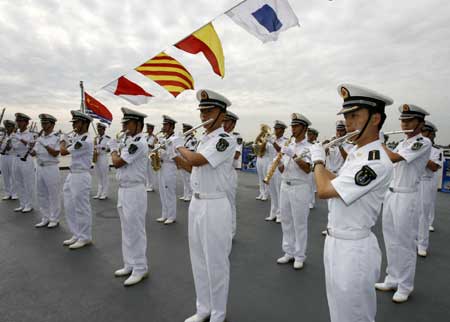 A Chinese naval band performs on Chinese navy ship (CNS) Zhenghe at the Bangkok Port, Thailand, Nov. 10, 2008. CNS Zhenghe entered the Bangkok Port on Monday morning starting its four-day official visit to the Thai capital. 