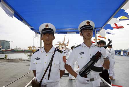  Chinese naval soldiers are seen on Chinese navy ship (CNS) Zhenghe at the Bangkok Port, Thailand, Nov. 10, 2008. CNS Zhenghe entered the Bangkok Port on Monday morning starting its four-day official visit to the Thai capital. 