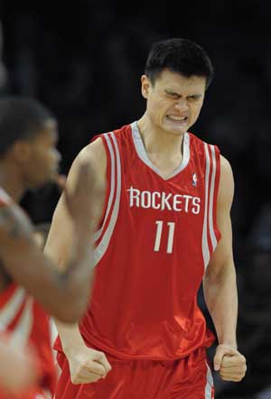 Yao Ming of Houston Rockets reacts during the NBA game between Houston Rockets and Los Angeles Lakers at Staples Center in Los Angeles, CA, the United States, Nov. 9, 2008. 