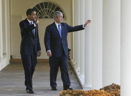 US President George W. Bush greets President-elect Barack Obama when he arrives at the White House in Washington, November 10, 2008. [Agencies]