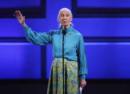 Jane Goodall accepts a Glamour Woman of the Year lifetime achievement award from Glamour magazine in New York Nov. 10, 2008. [Xinhua]