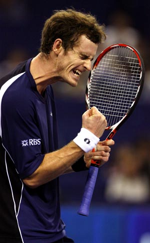 Andy Murray of Great Britain jubilates after beating Gilles Simon of France during men's singles competition at Tennis Masters Cup Shanghai, 2008, in Shanghai, east China, Nov. 12, 2008. Andy Murray won the match 6-4, 6-2. [Xinhua]