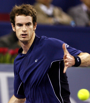 Andy Murray of Great Britain acts during the men's singles competition against Gilles Simon of France at Tennis Masters Cup Shanghai, 2008, in Shanghai, east China, Nov. 12, 2008. [Xinhua] 