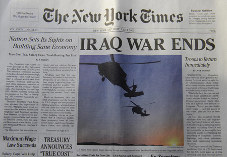 This photo shows a spoof edition of The New York Times announcing 'Iraq War Ends,' part of a hoax executed by pranksters. An elaborate New York Times spoof hit the streets of New York on Tuesday announcing not just the withdrawal of troops from Iraq but a raft of other US liberal fantasies. 