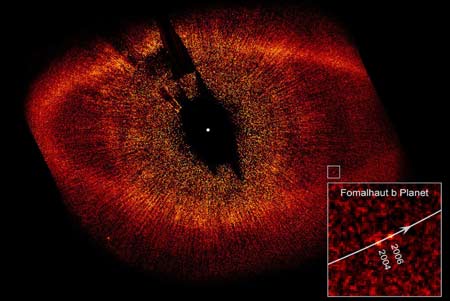 This image taken aboard the NASA/ESA Hubble Space Telescope in 2006 shows the newly discovered planet, Fomalhaut b, orbiting its parent star, Fomalhaut released on November 13, 2008. The small white box at lower right pinpoints the planet's location.