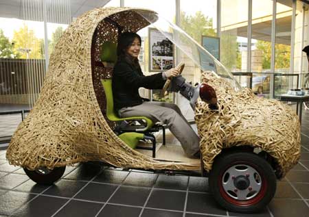 'Bamgoo', an electric car with a body made out of bamboo, is displayed in Kyoto, western Japan November 14, 2008. The sixty-kilogram single-seater ecologically friendly concept car, which measures 270 centimeters in length, 130 centimeters in width and 165 centimeters in height, is developed by Kyoto University Venture Business Laboratory, featuring bamboo articles in the Kyoto area. The car can run for 50 kilometers on a single charge. 