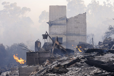 A chimney still stands at a burnt home in the Montecito area of Santa Barbara County, California November 14, 2008. 