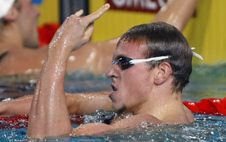 Paul Biedermann of Germany reacts after his men's 200m freestyle final at the European Swimming Championships in Eindhoven March 20, 2008. [Xinhua/Reuters]