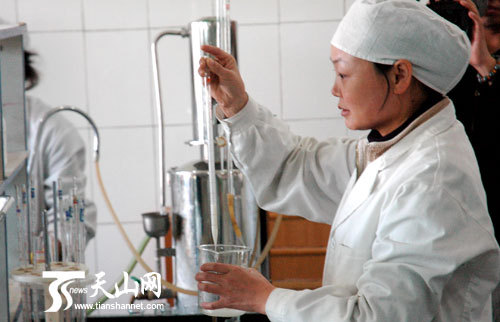 In the picture taken on Technical workers test liquid milk in a milk company in the Xinjiang Uygur Autonomous Region. The General Administration of Quality Supervision, Inspection and Quarantine said on Monday the latest sampling tests found newly-produced liquid milk in domestic market met the requirement in the new interim restrictions on melamine. 