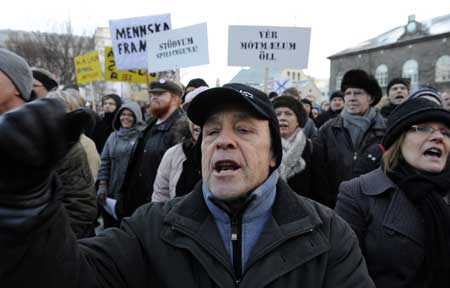 Thousands of demonstrators take part in a rally in Reykjavik, capital of Iceland, calling on the government to resign for the national financial crisis, Nov. 15, 2008.