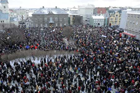 Thousands of demonstrators take part in a rally in Reykjavik, capital of Iceland, calling on the government to resign for the national financial crisis, Nov. 15, 2008. 