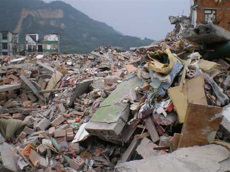Hanwang Town, Sichuan: Acres of rubble from low-rise apartment blocks which collapsed in the earthquake, killing tens of thousands of people. 