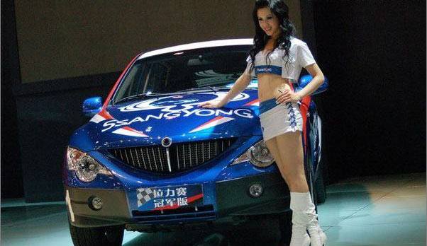 A model stands next to a car at the 6th Guangzhou International Automobile Exhibition in Guangzhou, South China's Guangdong Province, November 18, 2008.