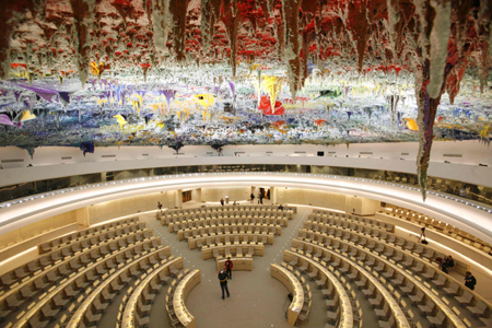 The newly renovated Room XX is pictured after the unveiling ceremony at the European headquarters of the United Nations in Geneva November 18, 2008. Spanish artist Miguel Barcelo was commissioned by the Foundation ONUART on the sixtieth anniversary of the Universal Declaration of Human Rights to undertake the painting of the ceiling, the most extensive work of art in the history of the United Nations at the venue for the Human Rights Council.