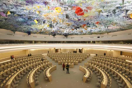 The newly renovated Room XX is pictured after the unveiling ceremony at the European headquarters of the United Nations in Geneva November 18, 2008. Spanish artist Miguel Barcelo was commissioned by the Foundation ONUART on the sixtieth anniversary of the Universal Declaration of Human Rights to undertake the painting of the ceiling, the most extensive work of art in the history of the United Nations at the venue for the Human Rights Council. 