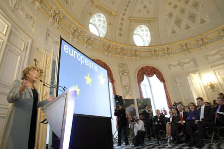 European Commissioner for Information Society and Media Viviane Reding delivers a speech during the opening ceremony of the launch of the European digital library Europeana, in Brussels November 20, 2008. 