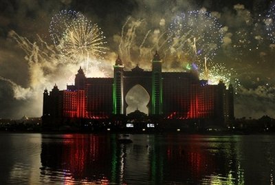 A general view of the fireworks at the Atlantis resort in Dubai, Thursday, Nov. 20, 2008. While the rest of the world is tightening its belt, Dubai is throwing a US$20 million party Thursday complete with Hollywood celebrities and a fireworks show that organizers said would be visible from outer space. 