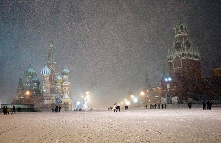 Red Square is seen during the first heavy snow fall in Moscow. Central and eastern parts of Europe have seen snowfalls in recent days. 