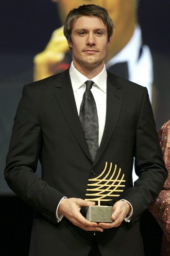 Andreas Thorkildsen of Norway holds the Special Olympic Award during the IAAF World Athletic Gala in Monaco November 23, 2008. 