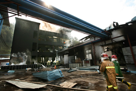 Firemen try to extinguish the fire at a workshop in Xinbang Forestry Chemical Industry Co. Ltd. in Luoding City, south China's Guangdong Province, Nov. 25, 2008. [Xinhua]