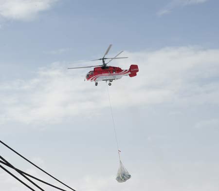 A helicopter carries navigational kerosene from China's Antarctic ice-breaker Xuelong, or Snow Dragon to China's Zhongshan Antarctic Station, on Nov. 26, 2008. 