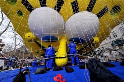 Workers prepare the Spongebob Squarepants balloon for the Macy's Thanksgiving Day parade, Wednesday, Nov. 26, 2008 in New York. The parade will be celebrating its 82nd year Nov. 27, 2008.