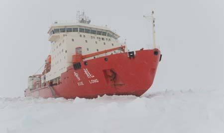 China's ice breaker Xuelong or 'Snow Dragon' is blocked by thick ice around the Antarctica during her 25th expedition to Antarctica, on Nov. 24, 2008. An ice detection team was formed on Tuesday to search for new routes due to the thick and condensed ice that stopped the ice breaker. [Liu Yizhan/Xinhua] 