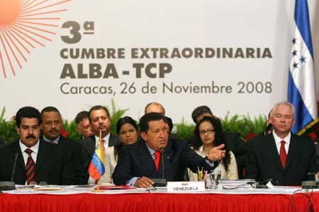 Venezuela's President Hugo Chavez, sponsor of the Bolivarian Alternative for the Americas (ALBA) addresses the 3rd extraordinary summit of the ALBA in Caracas, capital of Venezuela, on Nov. 26, 2008. 